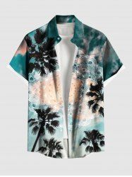 Plus Size Coconut Tree Ombre Sky Ethnic Vintage Flower Graphic Print Hawaii Button Pocket Shirt For Men -  
