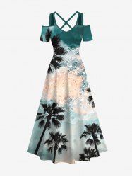 Robe longue trapèze grande taille à imprimé floral ethnique vintage, motif cocotier, ombré, ciel, imprimé graphique hawaïen, épaules dénudées, croisée - Vert 2X