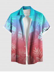 Plus Size Tropical Leaves Ombre Print Hawaii Button Pocket Shirt For Men -  