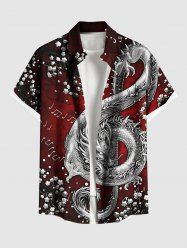 Chemise grande taille à imprimé floral et symbole musical, motif dragon, avec poches boutonnées, pour homme - Rouge 3XL