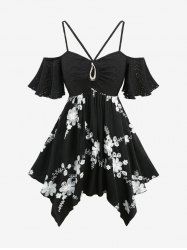 Plus Size Pointelle Hollow Out Jacquard Buckle Decor Strappy Flower Embroidered Handkerchief Top -  