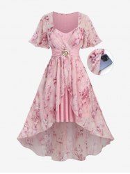 Plus Size Floral Printed Glitter Sliver Line Insert Snail Buckle Belted High Low Asymmetric 2 in 1 Pocket Dress -  