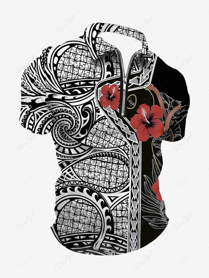 Unique Plus Size Hibiscus Flowers Leaf Paisley Print Zipper Polo Shirt For Men  