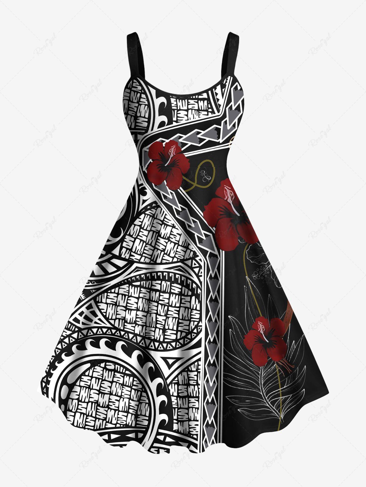 Latest Plus Size Hibiscus Flowers Leaf Paisley Print Hawaii Tank Dress  