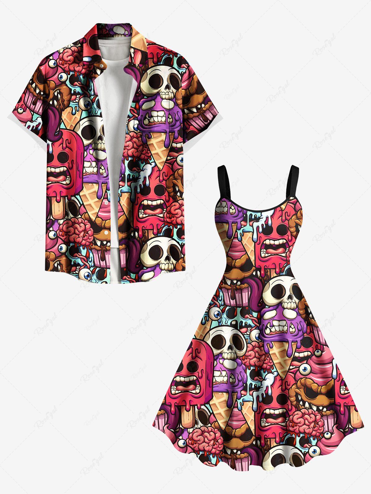 Hot Skulls Brain Ice Cream Print Plus Size Matching Outfit For Couples  