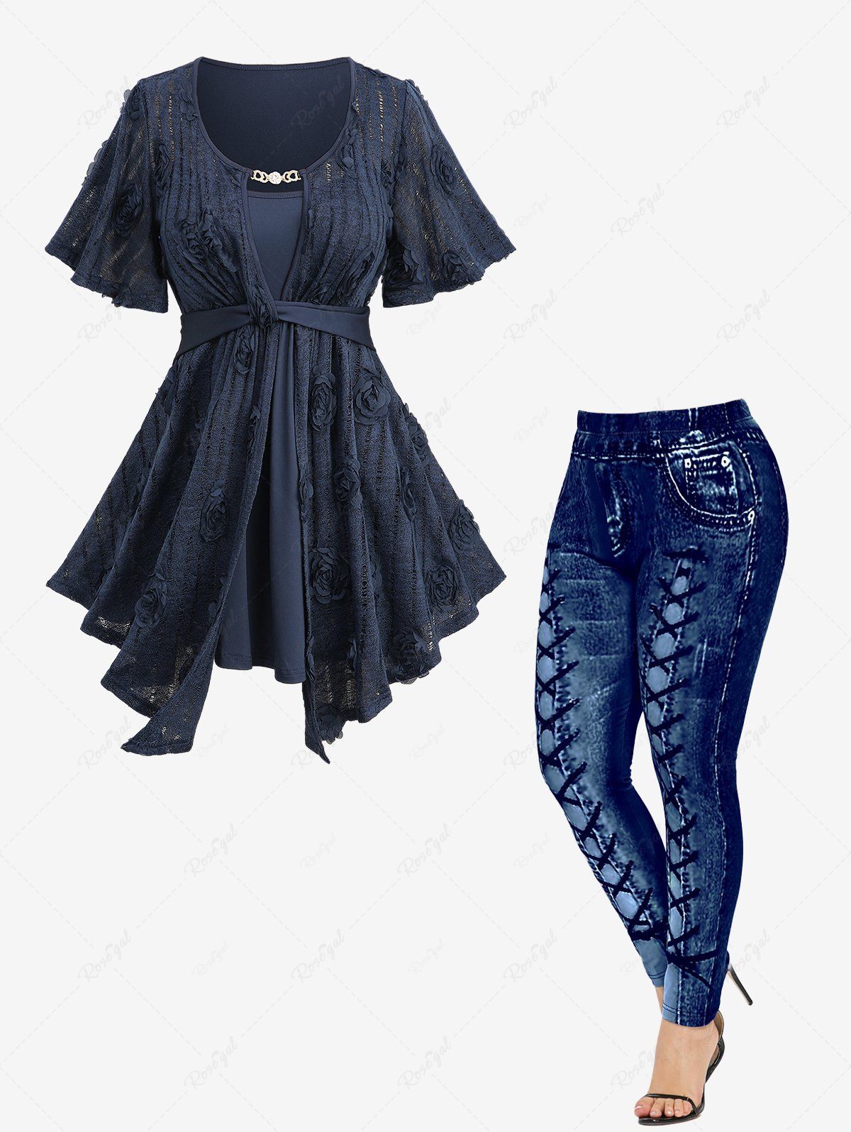 Affordable Heart Chain Panel Hollow Out Rose Appliques Top and Leggings Plus Size Outfit  
