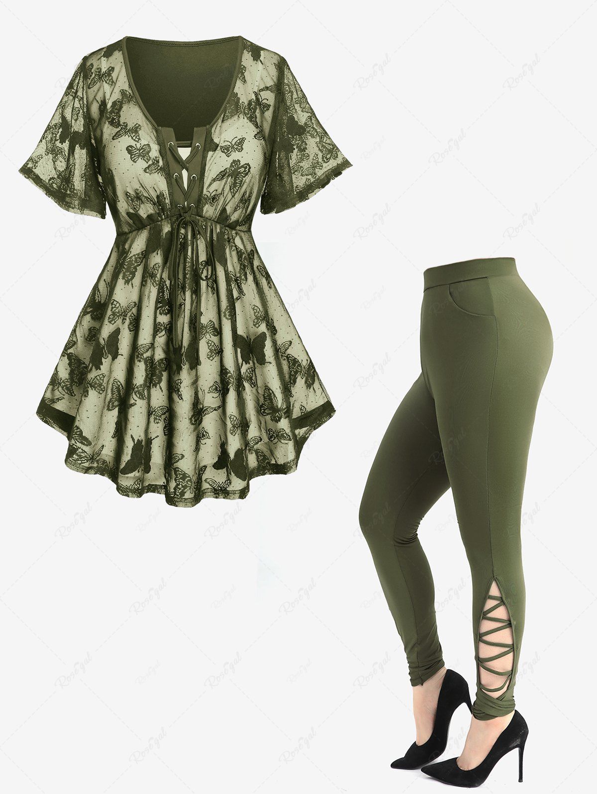 Butterfly Lace Overlay Lace-up Tee and Crisscross Hollow Out Leggings Plus Size Outfit