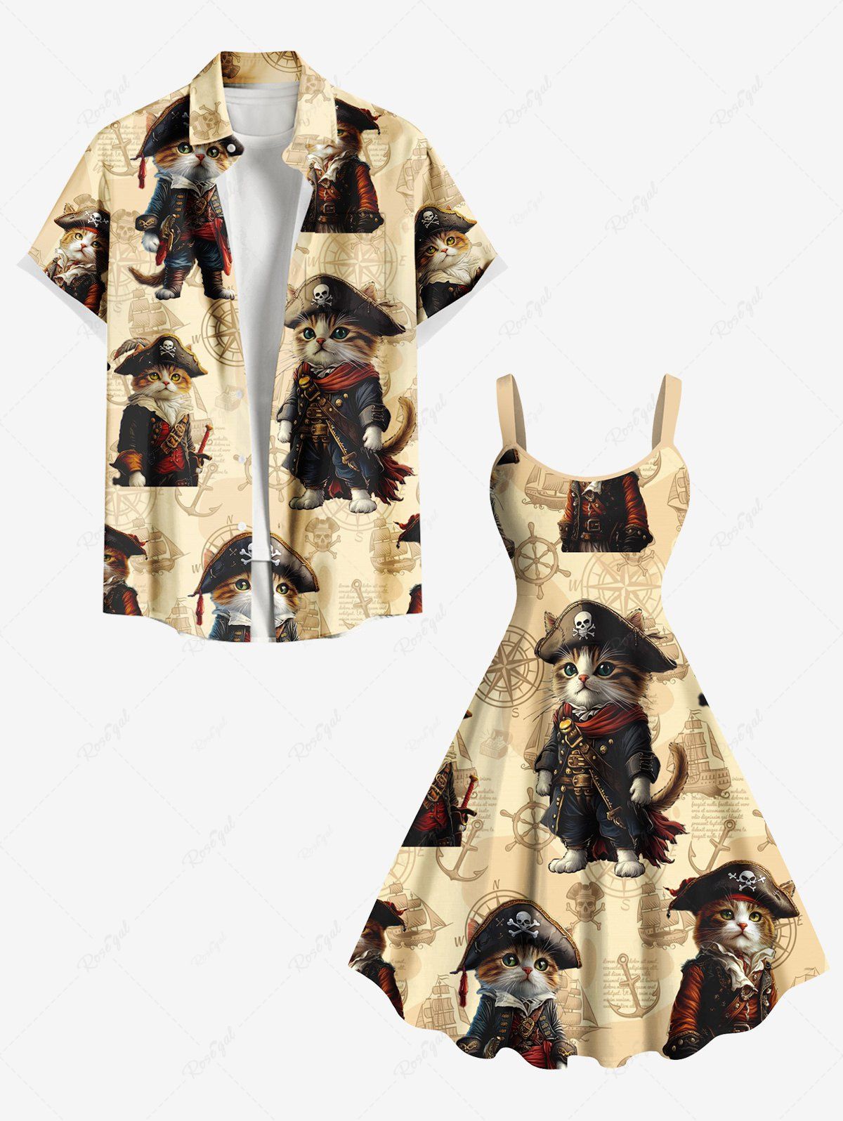 Hot Cat Pirates Rudder Anchor Cruise Print Plus Size Matching Beach Outfit For Couples  