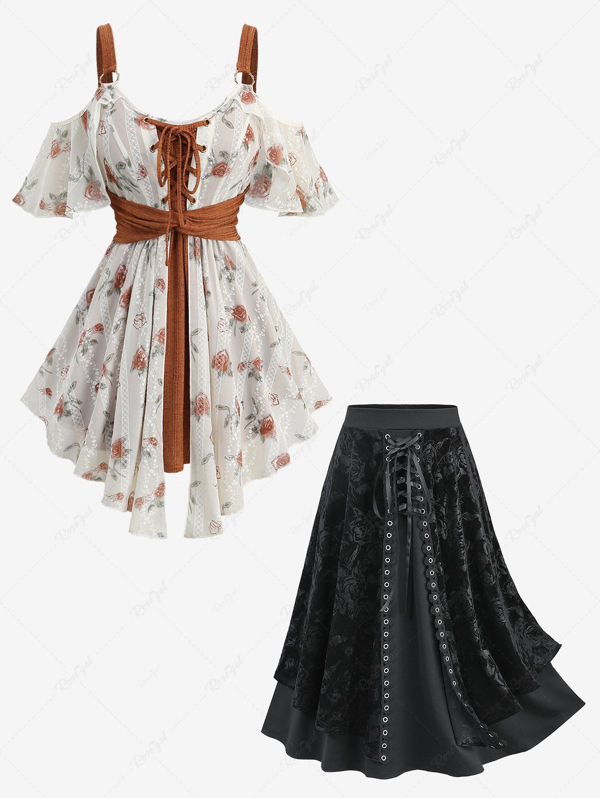 Fancy Rose Flower Print Jacquard Embroidery Blouse and Embossed Lace Up A Line Skirt Plus Size Outfit  