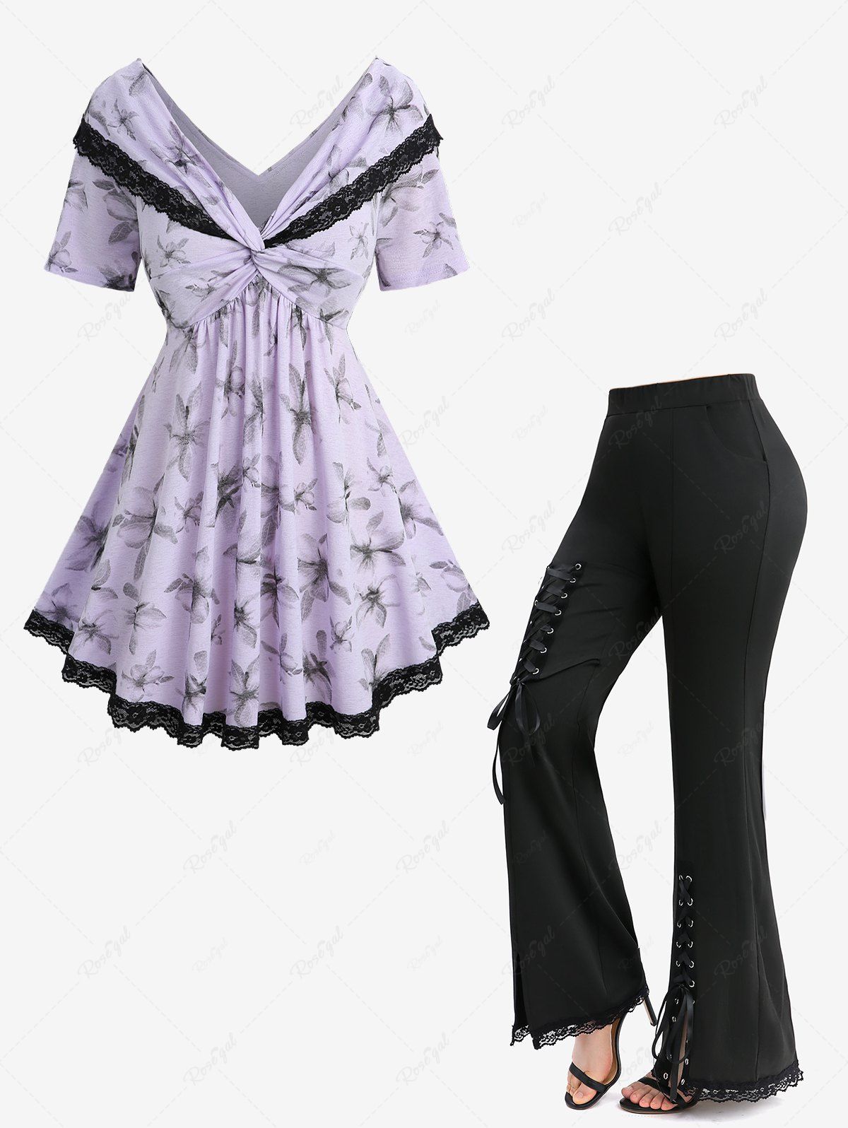 Trendy Floral Printed Twist Convertible Collar Top and Lace-up Split Pocket Solid Flare Pants Plus Size Outfit  