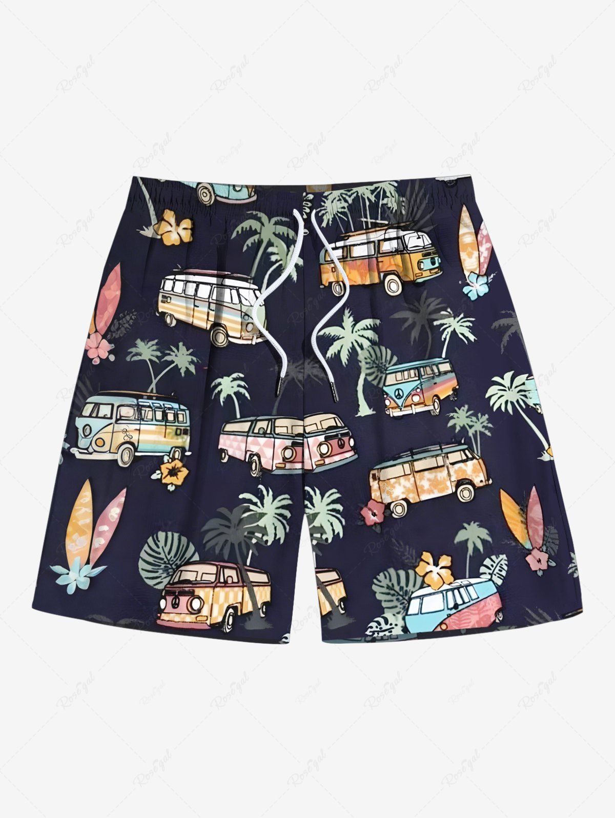 Trendy Plus Size Coconut Tree Tropical Leaves Floral Bus Print Hawaii Drawstring Beach Shorts For Men  