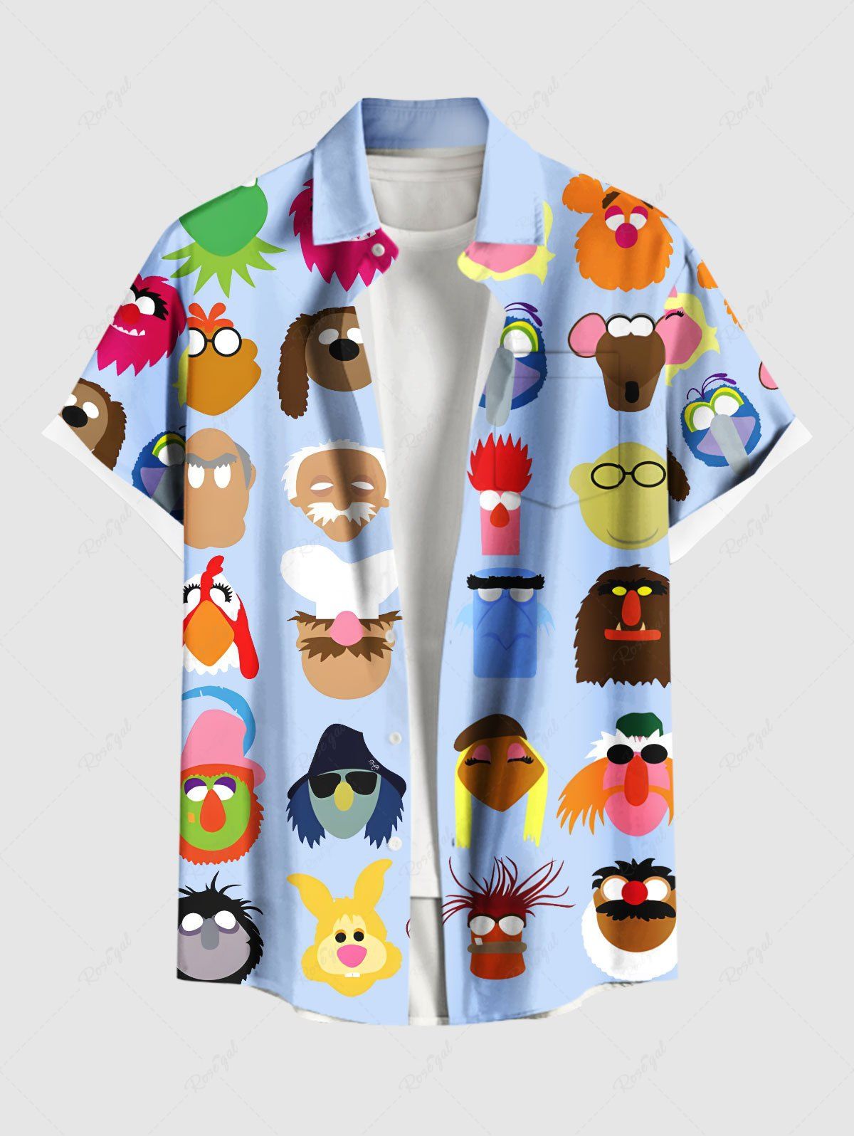 Shop Plus Size Colorful Funny Cartoon Role Print Hawaii Button Pocket Shirt For Men  
