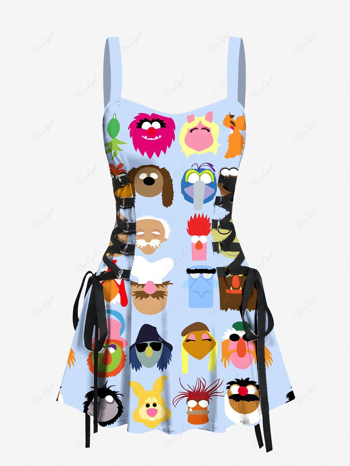 Chic Colorful Funny Cartoon Role Print Hawaii Lace Up A Line Tank Dress  
