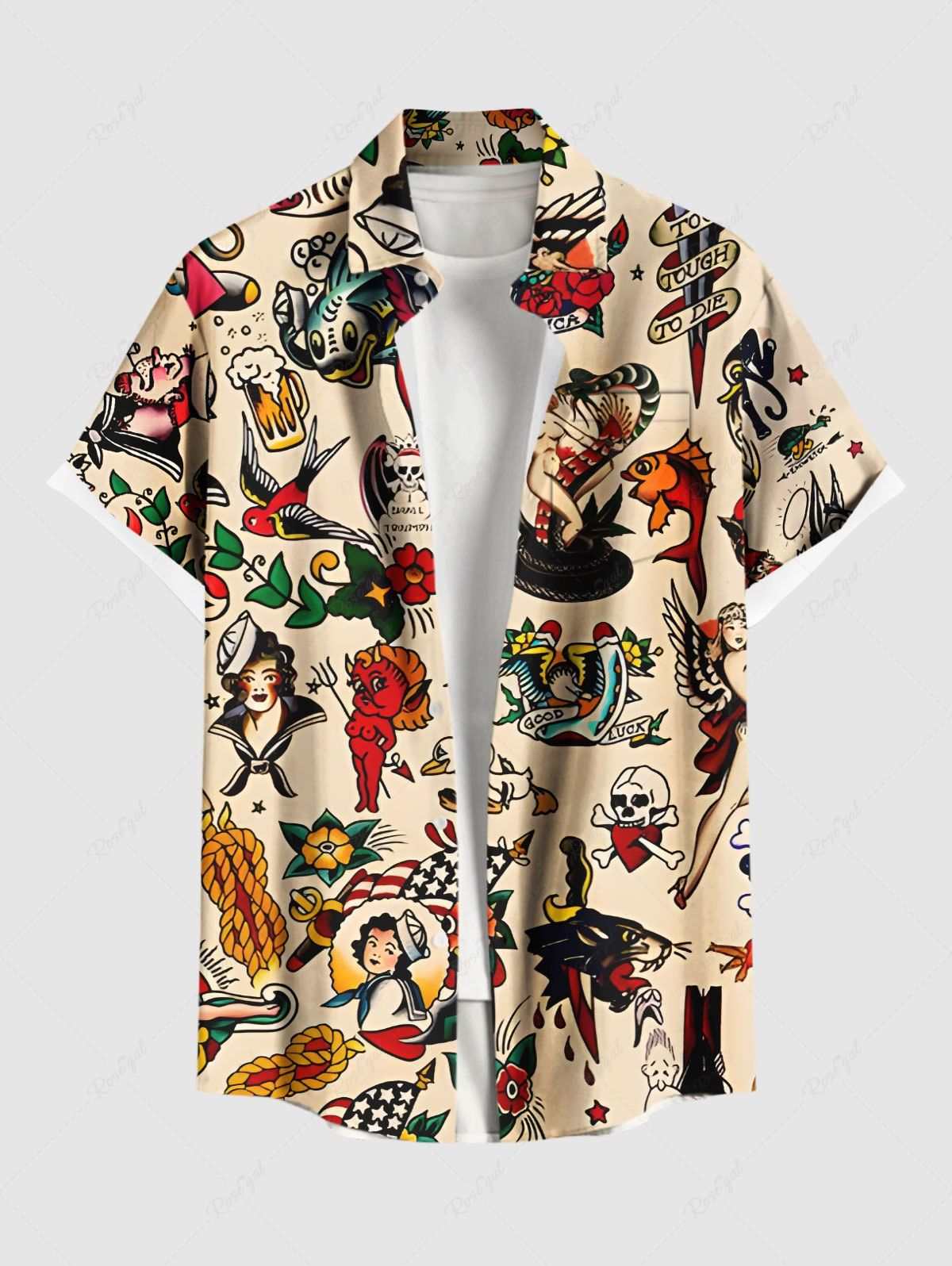 Buy Plus Size Skull Mermaid Fish Sailboat Beer Print Hawaii Button Pocket Shirt For Men  