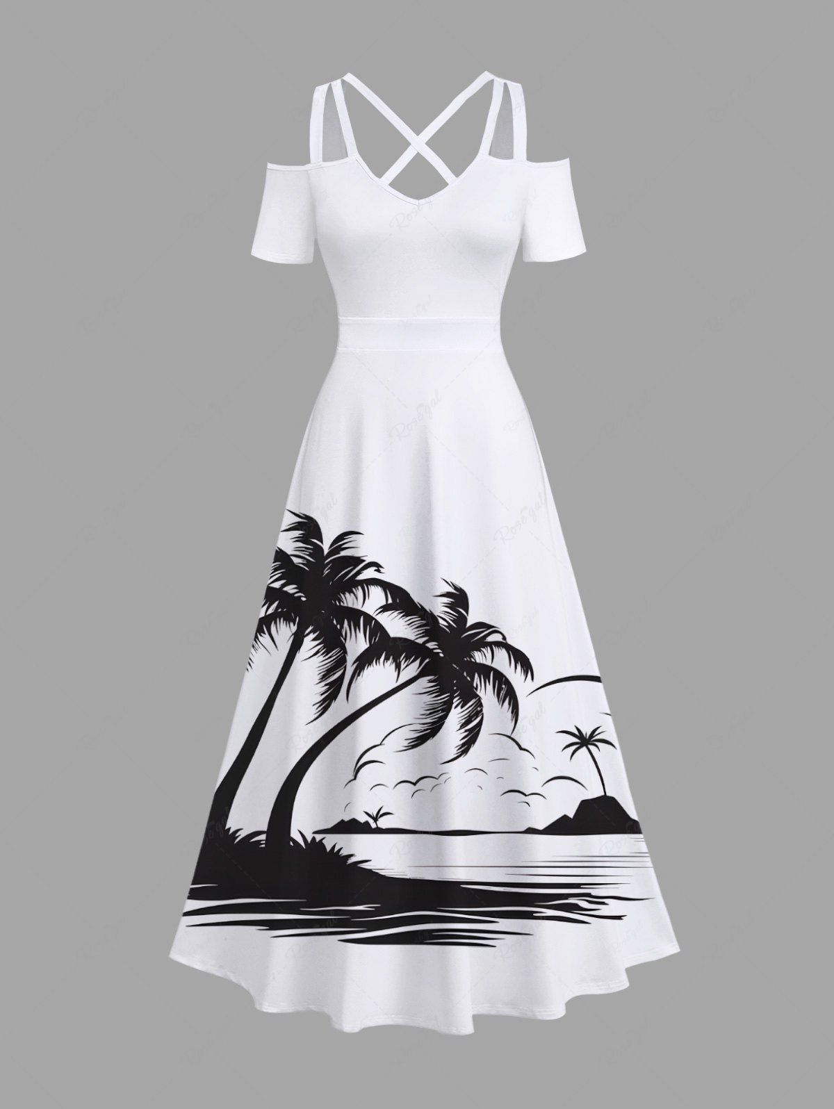 Shop Plus Size Coconut Tree Sea Waves Print Cold Shoulder Crisscross Hawaii Maxi Dress  