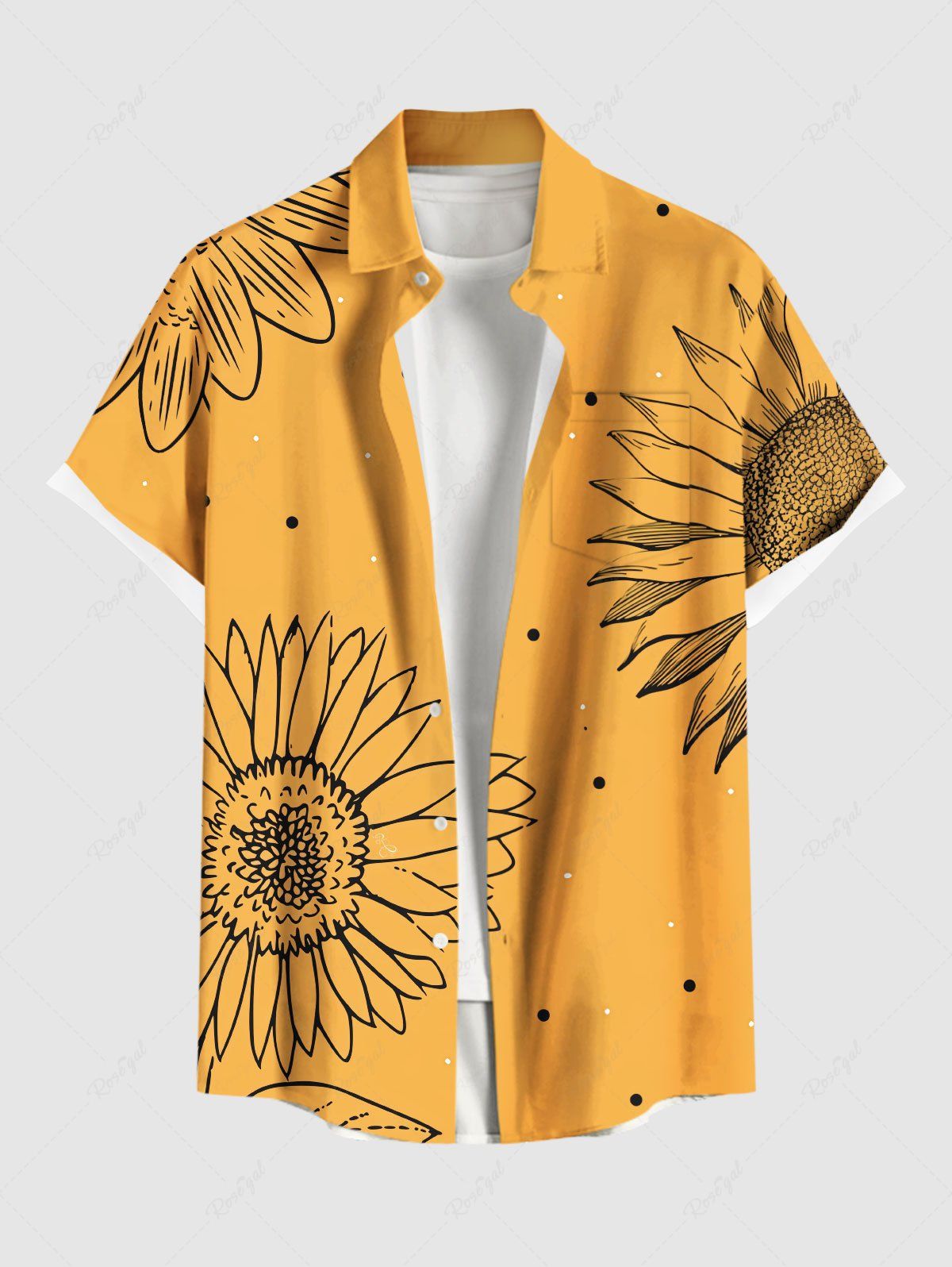 Shops Plus Size Sunflowers Dots Print Buttons Pocket Hawaii Shirt For Men  