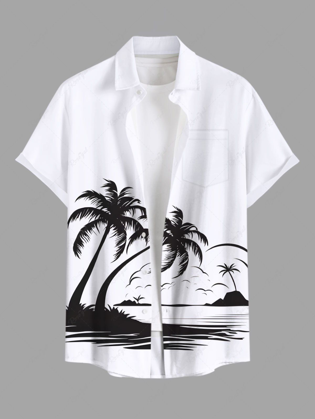 Outfits Plus Size Coconut Tree Sea Waves Print Buttons Pocket Hawaii Shirt For Men  