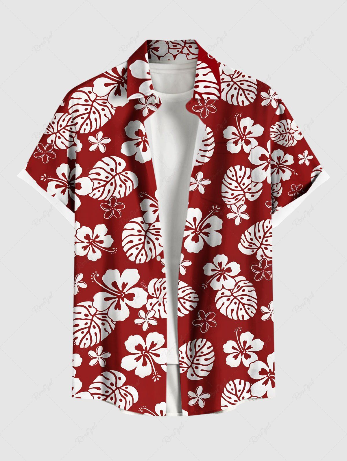 Unique Plus Size Tropical Leaf Hibiscus Flowers Print Buttons Pocket Hawaii Shirt For Men  