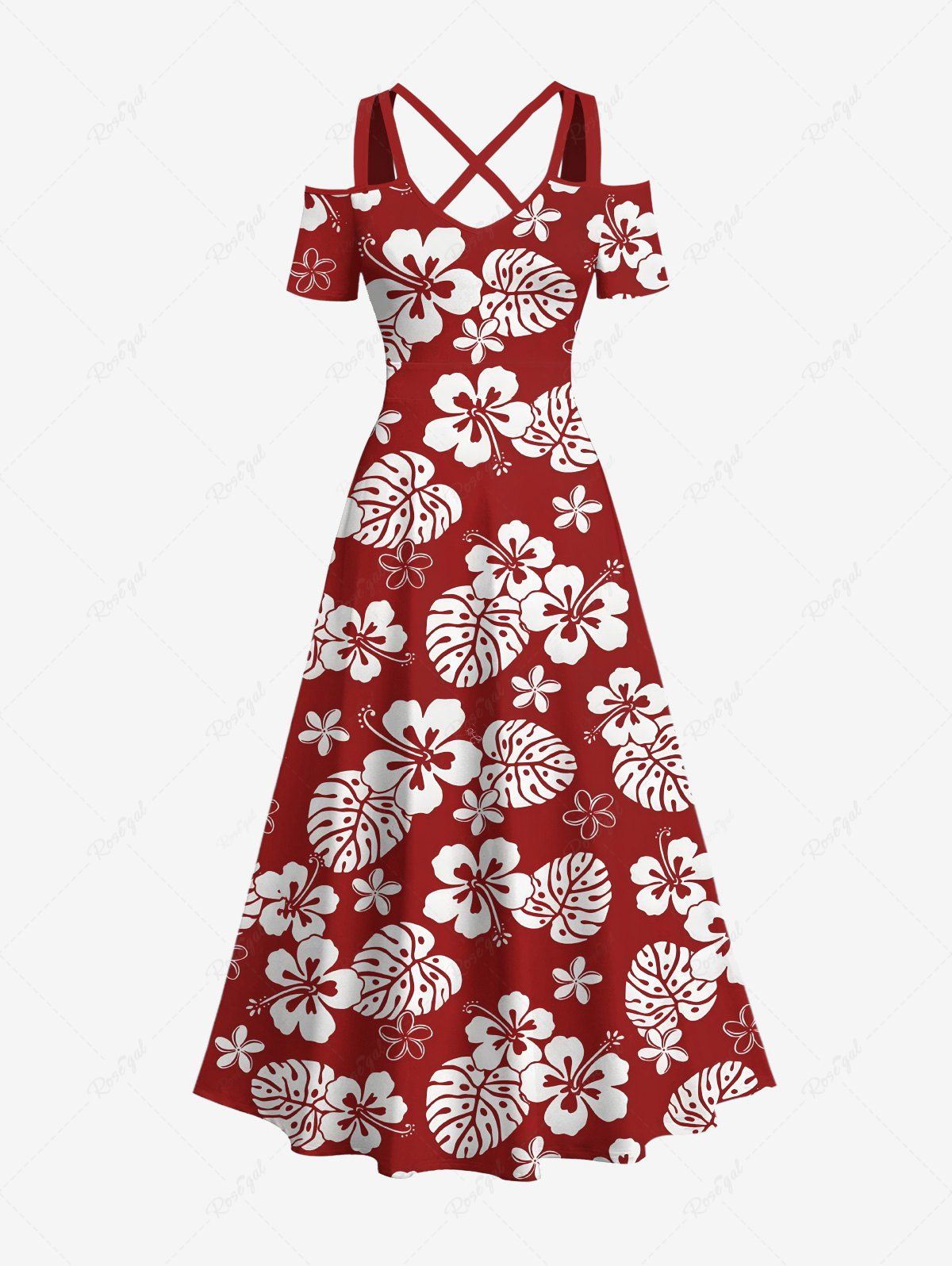 Cheap Plus Size Tropical Leaf Hibiscus Flowers Print Cold Shoulder Crisscross Hawaii Maxi Dress  