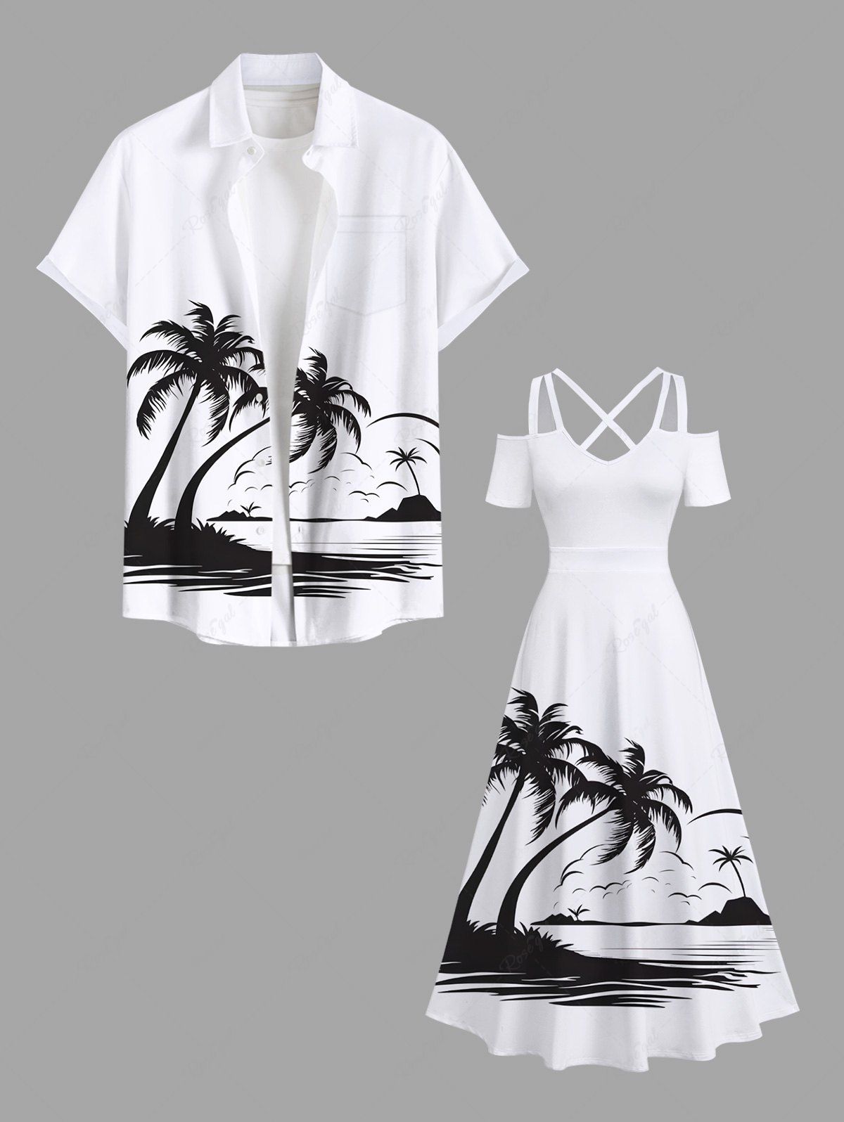 Discount Coconut Tree Sea Waves Print Plus Size Matching Hawaii Beach Outfit For Couples  