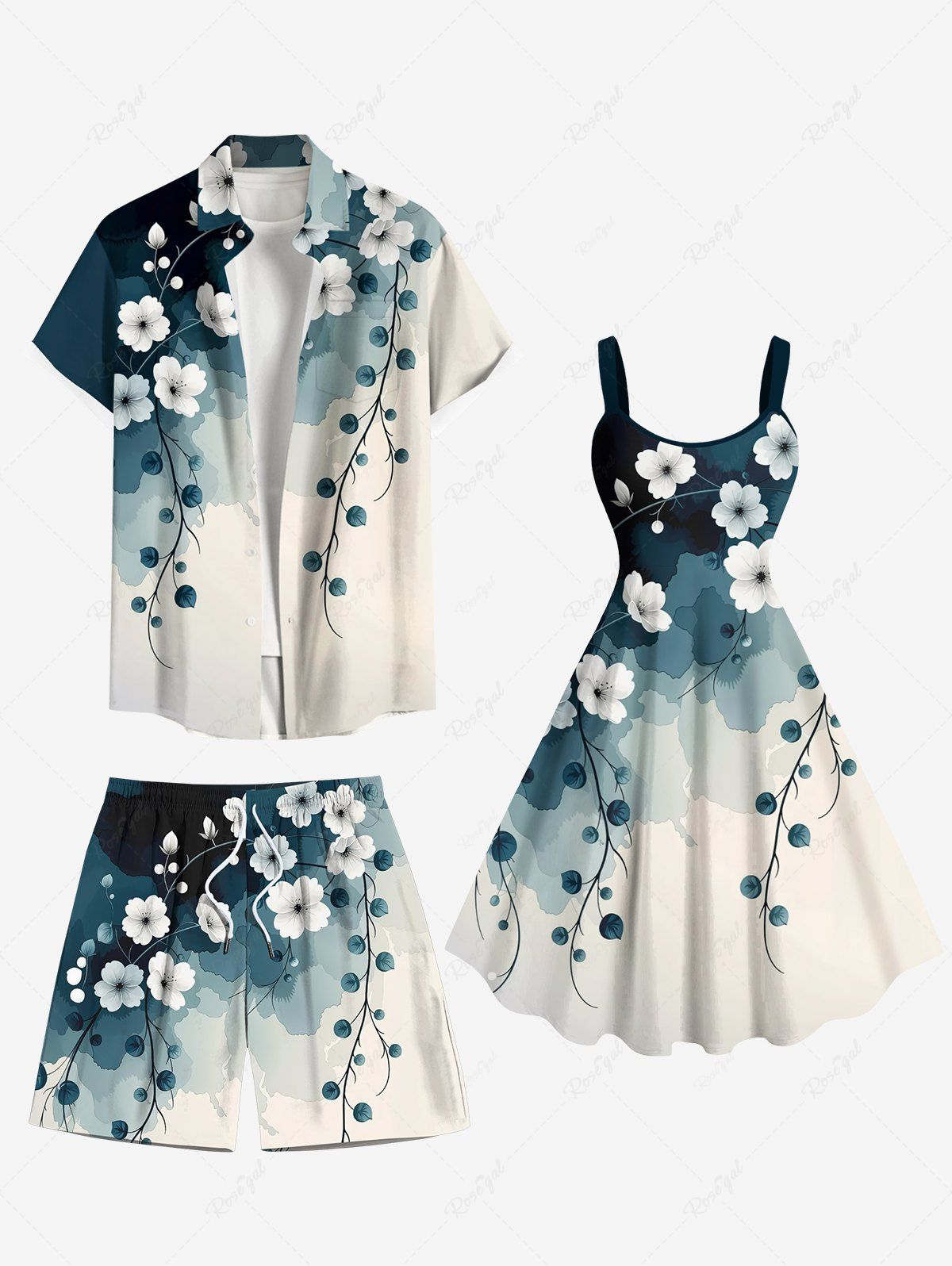 Tenue de plage hawaïenne assortie grande taille, motif aquarelle, motif branches de fleurs, encre ombrée, pour couples Vert 