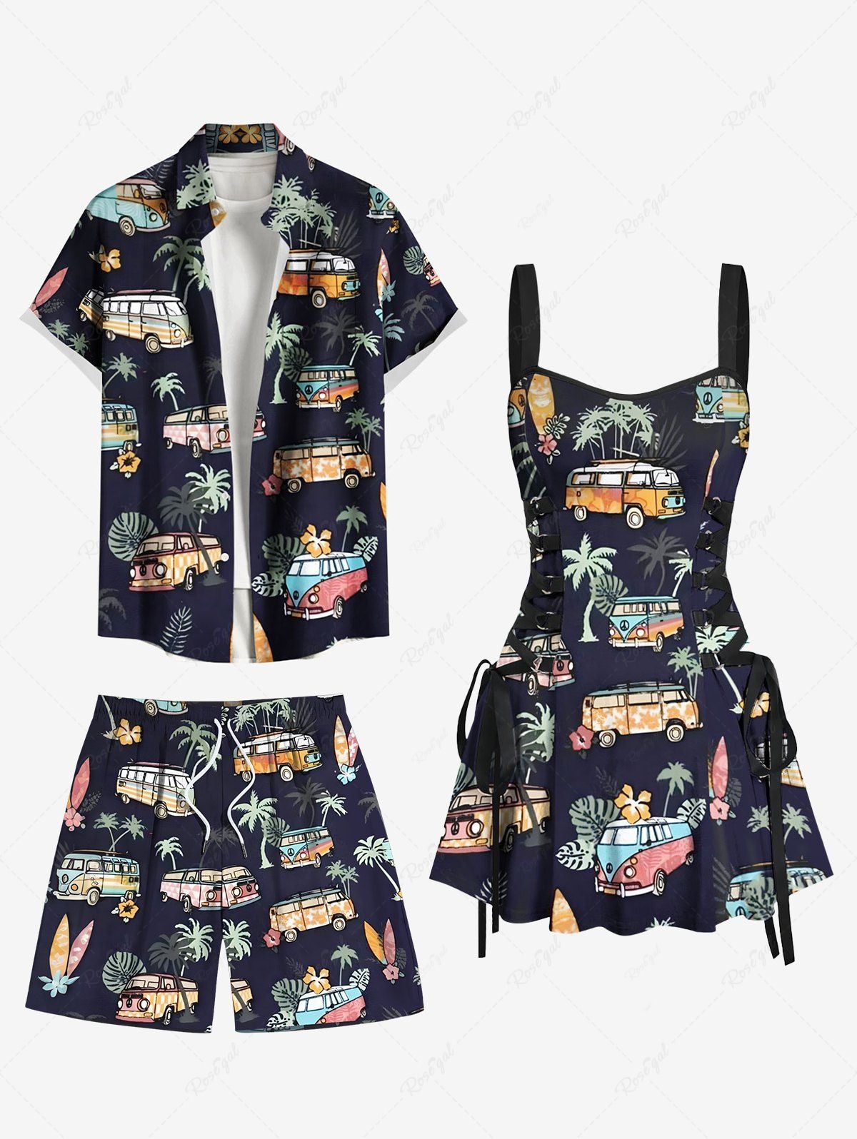 Sac de Plage Hawaiien à Imprimé Bus avec Feuilles Tropicales et Cocotier pour Couples Noir 