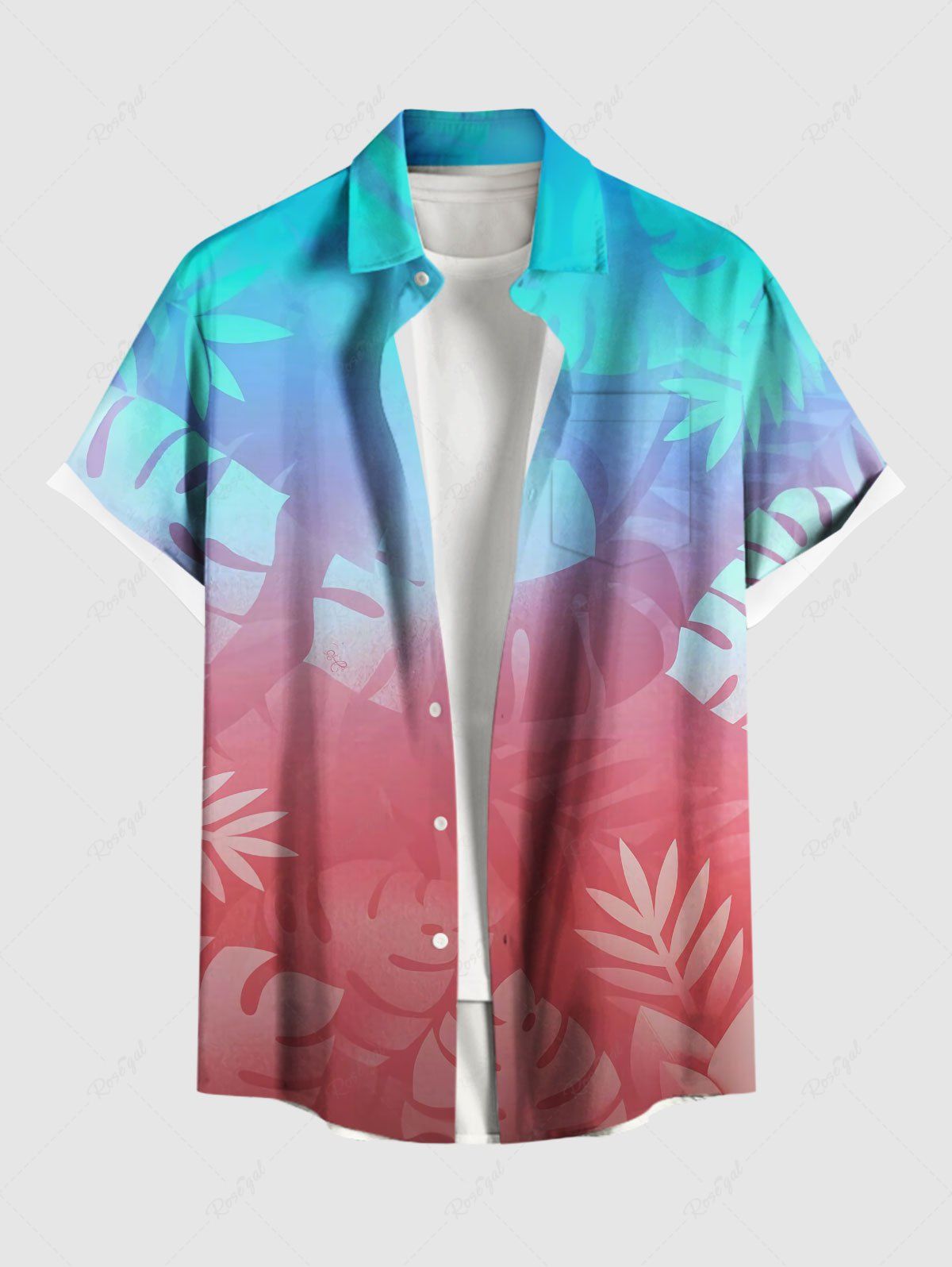 Shops Plus Size Tropical Leaves Ombre Print Hawaii Button Pocket Shirt For Men  