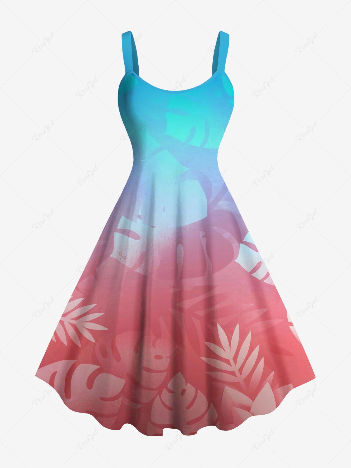 Affordable Plus Size Tropical Leaves Ombre Print Hawaii A Line Tank Dress  