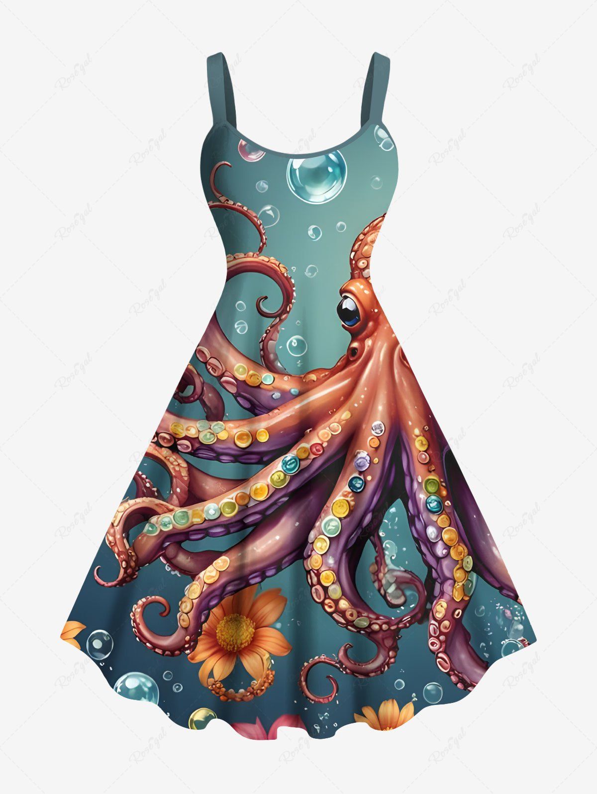 Shop Plus Size Octopus Floral Bubble Print Hawaii Ombre A Line Tank Dress  