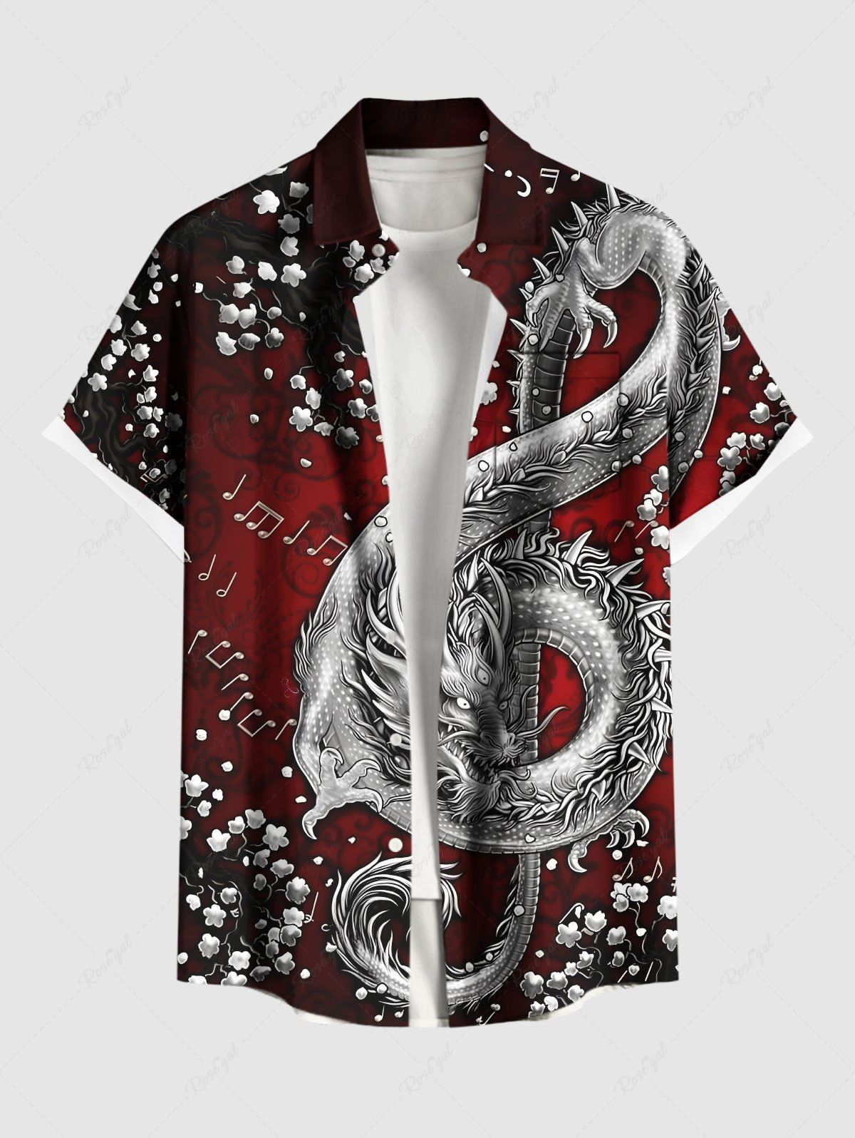 Cheap Plus Size Floral Bouquet Music Symbol Dragon Print Button Pocket Shirt For Men  