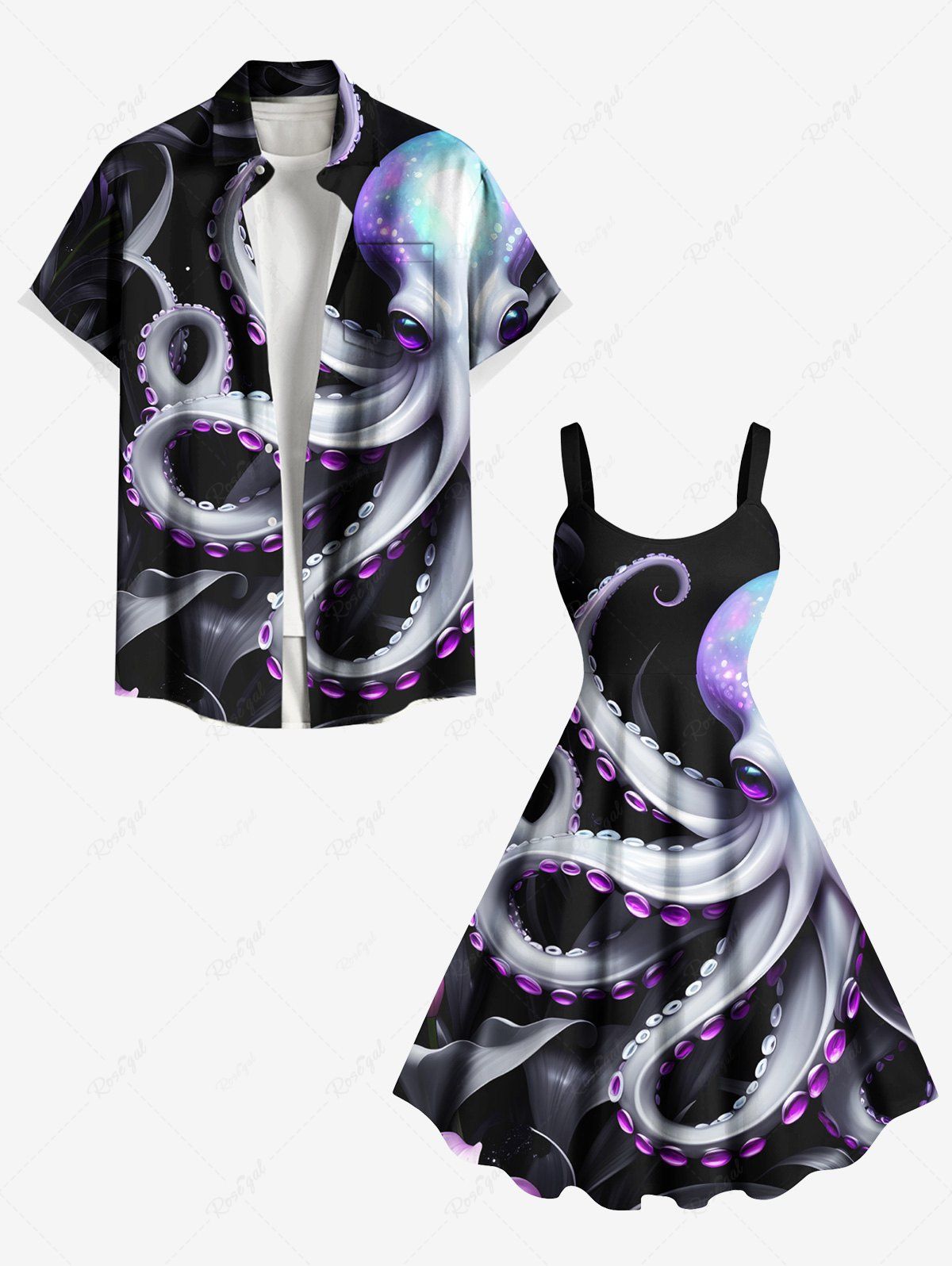 Trendy Glitter Octopus Tropical Leaves Print Plus Size Matching Beach Outfit For Couples  