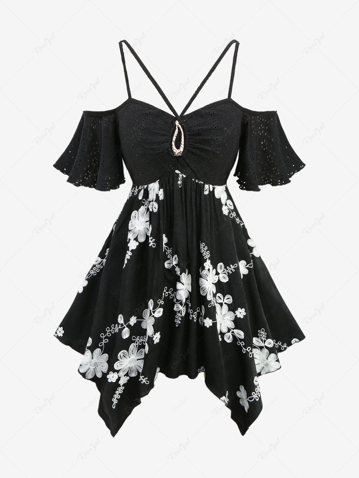 Buy Plus Size Pointelle Hollow Out Jacquard Buckle Decor Strappy Flower Embroidered Handkerchief Top  