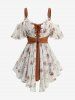 Rose Flower Print Jacquard Embroidery Blouse and Embossed Lace Up A Line Skirt Plus Size Outfit -  