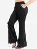 Floral Printed Twist Convertible Collar Top and Lace-up Split Pocket Solid Flare Pants Plus Size Outfit -  