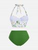 Plus Size Daisy Flowers Leaf Print Halter Ruched Tankini Swimsuit -  