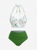 Plus Size Daisy Flowers Leaf Print Halter Ruched Tankini Swimsuit -  