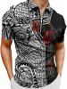 Plus Size Hibiscus Flowers Leaf Paisley Print Zipper Polo Shirt For Men -  