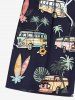 Short de plage grande taille à cordon de serrage pour homme, imprimé cocotier, feuilles tropicales, fleurs et bus hawaïen - Noir 7XL