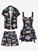 Short de plage grande taille à cordon de serrage pour homme, imprimé cocotier, feuilles tropicales, fleurs et bus hawaïen - Noir 7XL