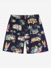 Short de plage grande taille à cordon de serrage pour homme, imprimé cocotier, feuilles tropicales, fleurs et bus hawaïen - Noir 7XL