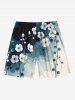 Plus Size Ink Ombre Watercolor Floral Branch Print Hawaii Drawstring Beach Shorts For Men -  