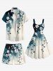 Plus Size Ink Ombre Watercolor Floral Branch Print Hawaii Drawstring Beach Shorts For Men -  