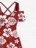 Maxi Robe D'Entraînement Croisée Fleur Feuille Tropicale Imprimée à Epaule Dénudée de Grande Taille - Rouge M