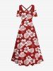 Plus Size Tropical Leaf Hibiscus Flowers Print Cold Shoulder Crisscross Hawaii Maxi Dress -  