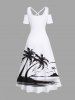 Maxi Robe Hawaïen Croisée Vague D'Océan Cocotier Imprimée à Epaule Dénudée de Grande Taille - Blanc L