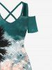 Plus Size Coconut Tree Ombre Sky Ethnic Vintage Flower Graphic Print Hawaii Cold Shoulder Crisscross A Line Maxi Dress -  