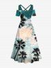 Robe longue trapèze grande taille à imprimé floral ethnique vintage, motif cocotier, ombré, ciel, imprimé graphique hawaïen, épaules dénudées, croisée - Vert 6X