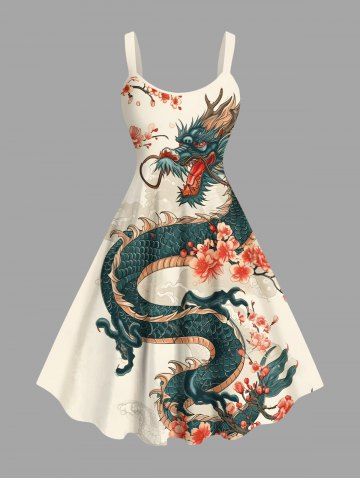 Plus Size Flower Branch Dragon Print A Line Tank Dress
