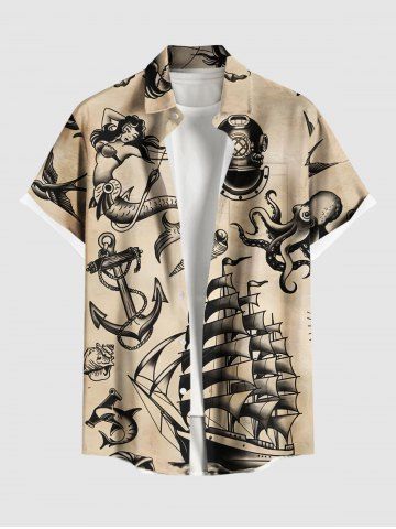 Plus Size Cruise Ship Mermaid Octopus Anchor Print Buttons Pocket Hawaii Shirt For Men
