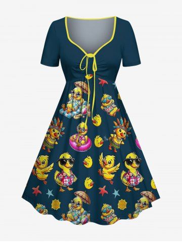 Plus Size Ducks Swimming Ring Starfish Sun Print Cinched Hawaii Dress - DEEP GREEN - XS